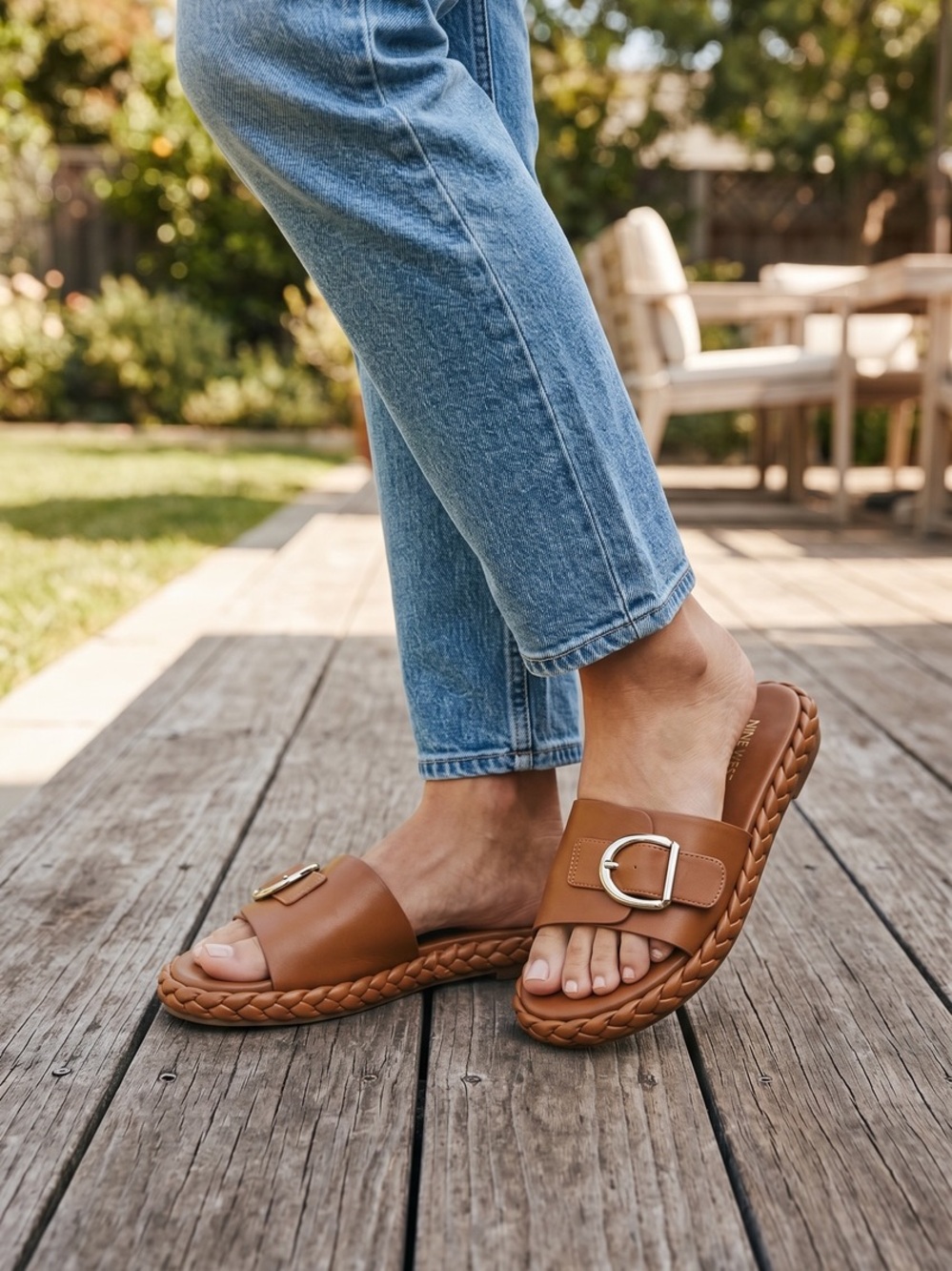 Nine West Brown Slide Sandals with Braided Edge and Buckle